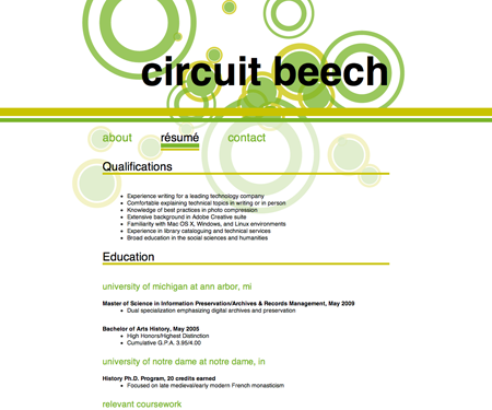 Screenshot of résumé page in Circuit Beech website template.