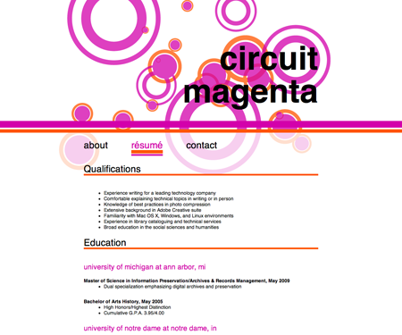 Screenshot of résumé page in Circuit Magenta website template.