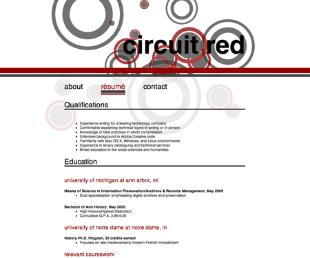 Screenshot of résumé page in Circuit Red website template.