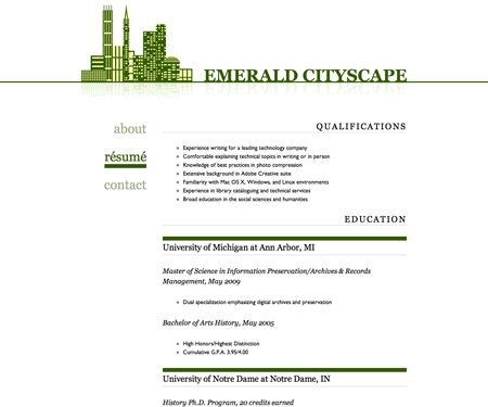 Screenshot of résumé page in Emerald Cityscape website template.