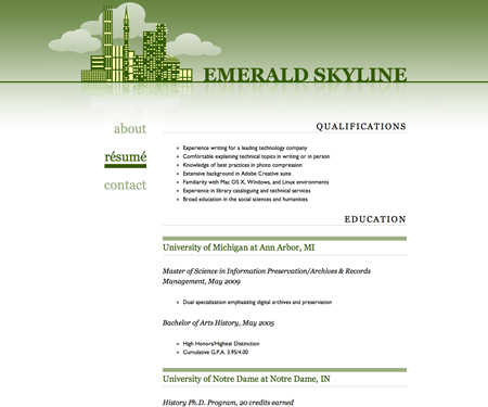 Screenshot of résumé page in Emerald Skyline website template.