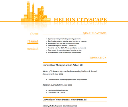 Screenshot of résumé page in Helion Cityscape website template.