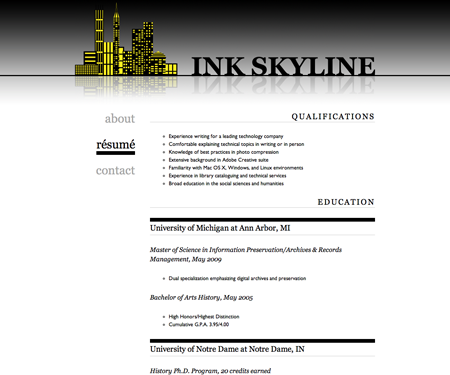 Screenshot of résumé page in Ink Skyline website template.