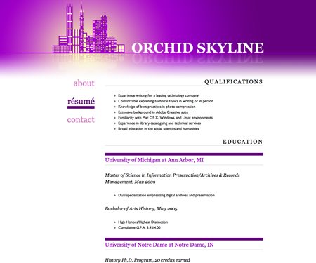 Screenshot of résumé page in Orchid Skyline website template.