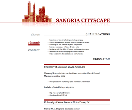 Screenshot of résumé page in Sangria Cityscape website template.
