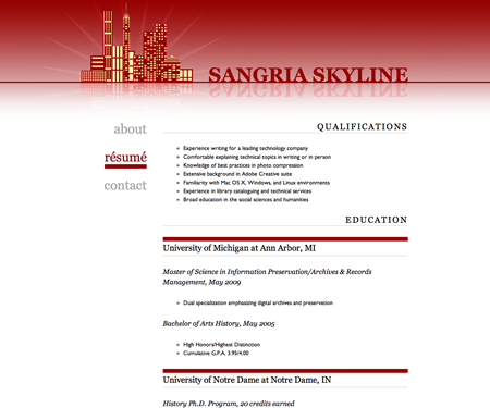 Screenshot of résumé page in Sangria Skyline website template.