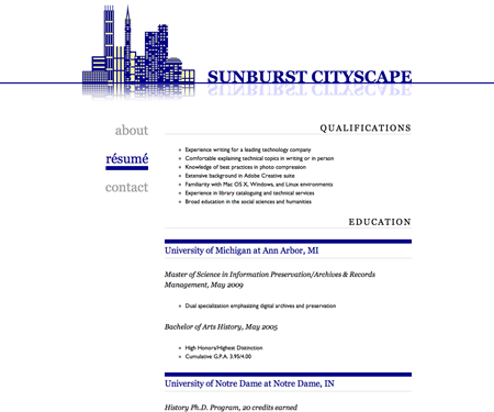Screenshot of résumé page in Sunburst Cityscape website template.