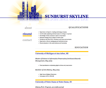 Screenshot of résumé page in Sunburst Skyline website template.