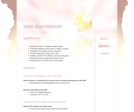 Screenshot of résumé page in May Coronation website template.