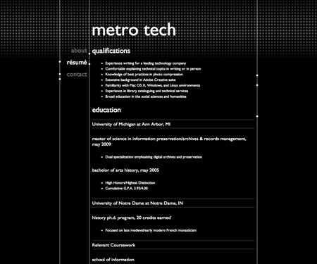 Screenshot of résumé page in Metro Tech website template.