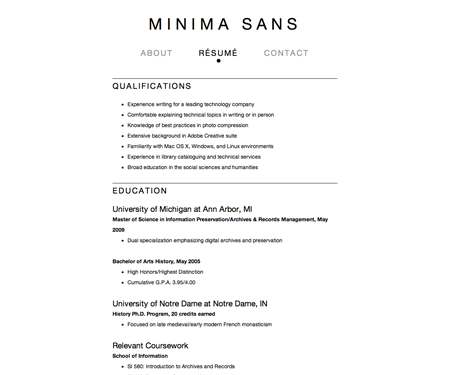 Screenshot of résumé page in Minima Sans website template.