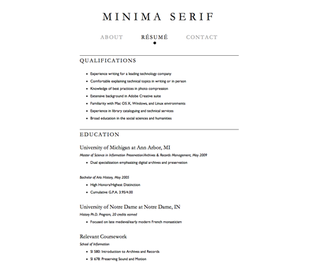 Screenshot of résumé page in Minima Serif website template.