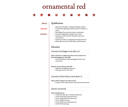 Screenshot of résumé page in Ornamental Red website template.