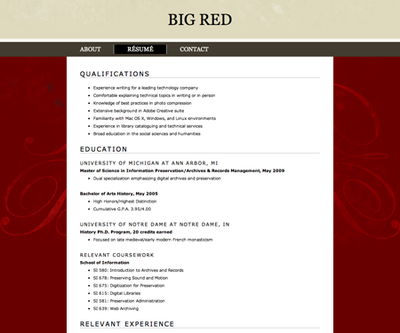 Screenshot of résumé page in Big Red website template.