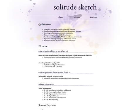 Screenshot of résumé page in Solitude Sketch website template.