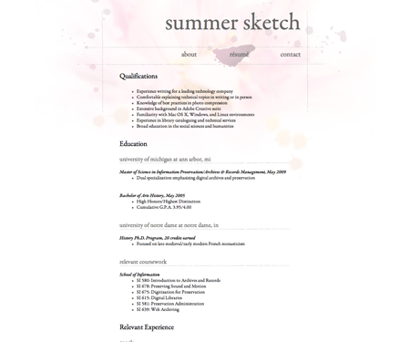 Screenshot of résumé page in Summer Sketch website template.