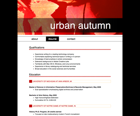 Screenshot of résumé page in Urban Autumn website template.