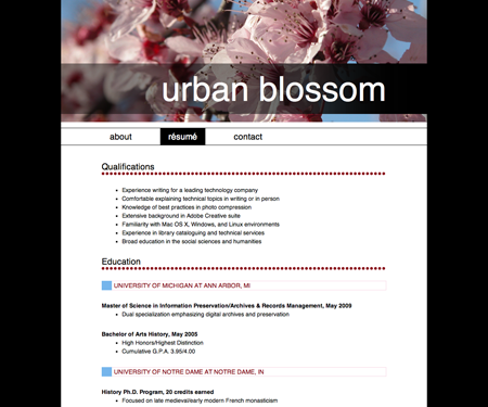 Screenshot of résumé page in Urban Blossom website template.