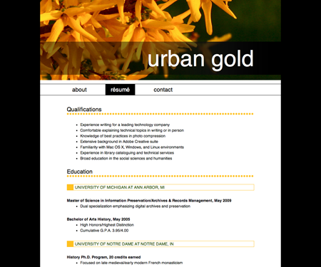 Screenshot of résumé page in Urban Gold website template.