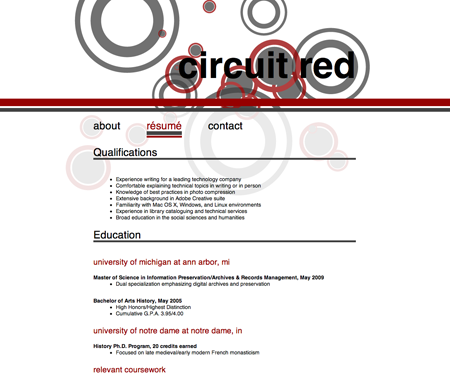 Screenshot of résumé page in Circuit Red website template.