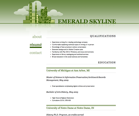 Screenshot of résumé page in Emerald Skyline website template.