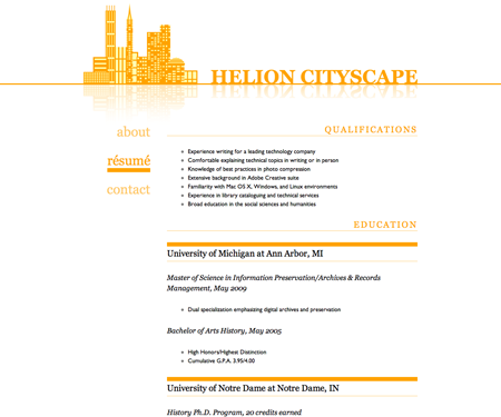 Screenshot of résumé page in Helion Cityscape website template.