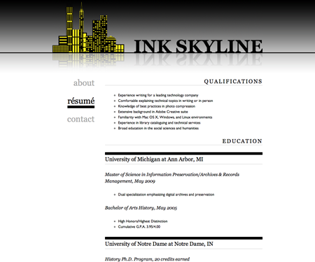 Screenshot of résumé page in Ink Skyline website template.