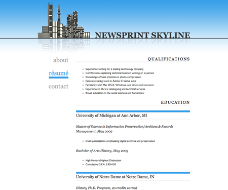 Screenshot of résumé page in Newsprint Skyline website template.