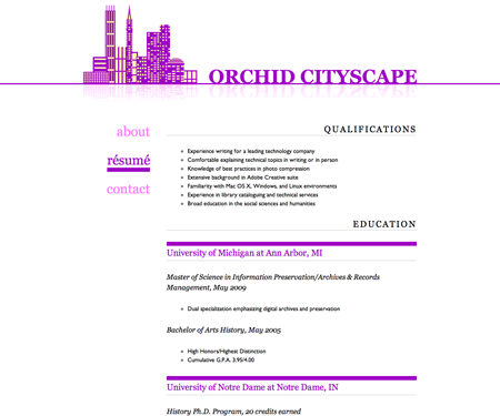 Screenshot of résumé page in Orchid Cityscape website template.