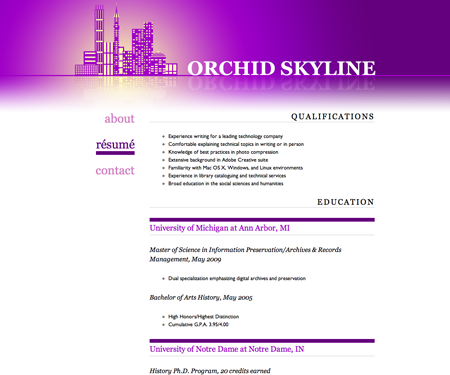 Screenshot of résumé page in Orchid Skyline website template.