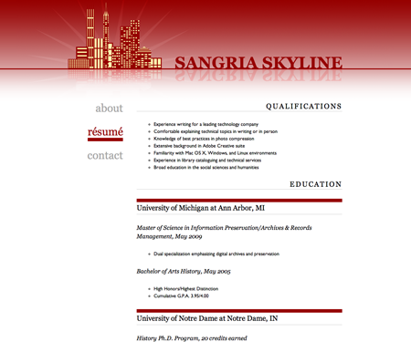 Screenshot of résumé page in Sangria Skyline website template.