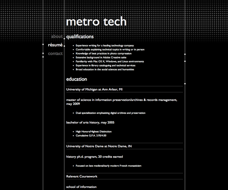 Screenshot of résumé page in Metro Tech website template.