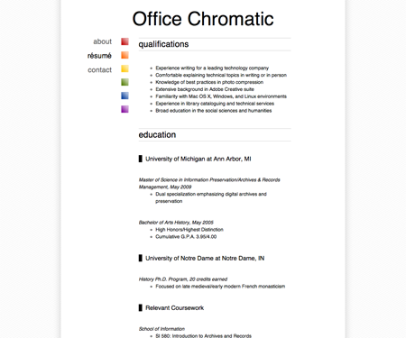Screenshot of résumé page in Office Chromatic website template.