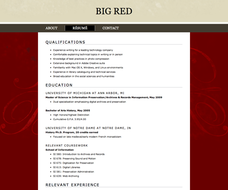 Screenshot of résumé page in Big Red website template.