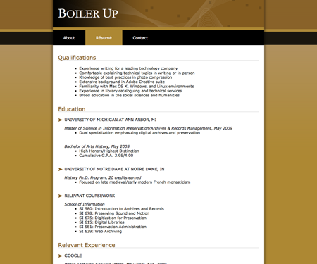 Screenshot of résumé page in Boiler Up website template.