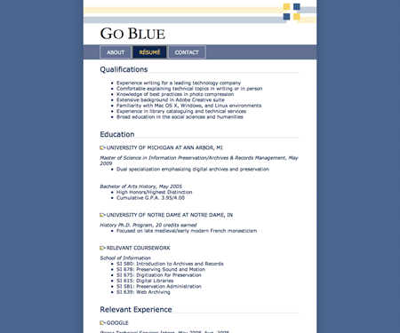Screenshot of résumé page in Go Blue website template.