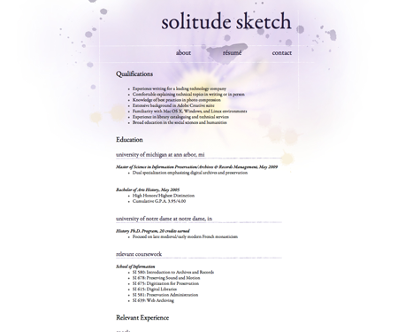 Screenshot of résumé page in Solitude Sketch website template.